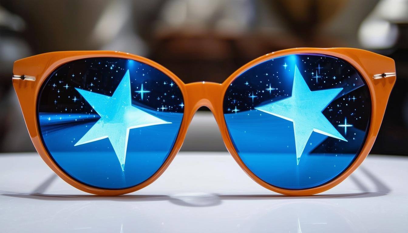 big sunglasses where the lenses are shaped like stars sitting on a table